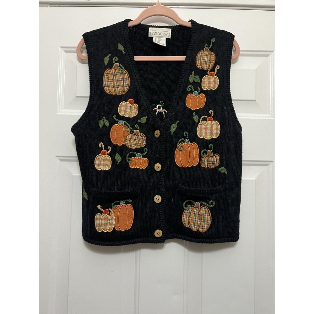 VTG Mandal Bay Vintage Fall Pumpkins Sweater Vest Sz Medium Grandma Core
